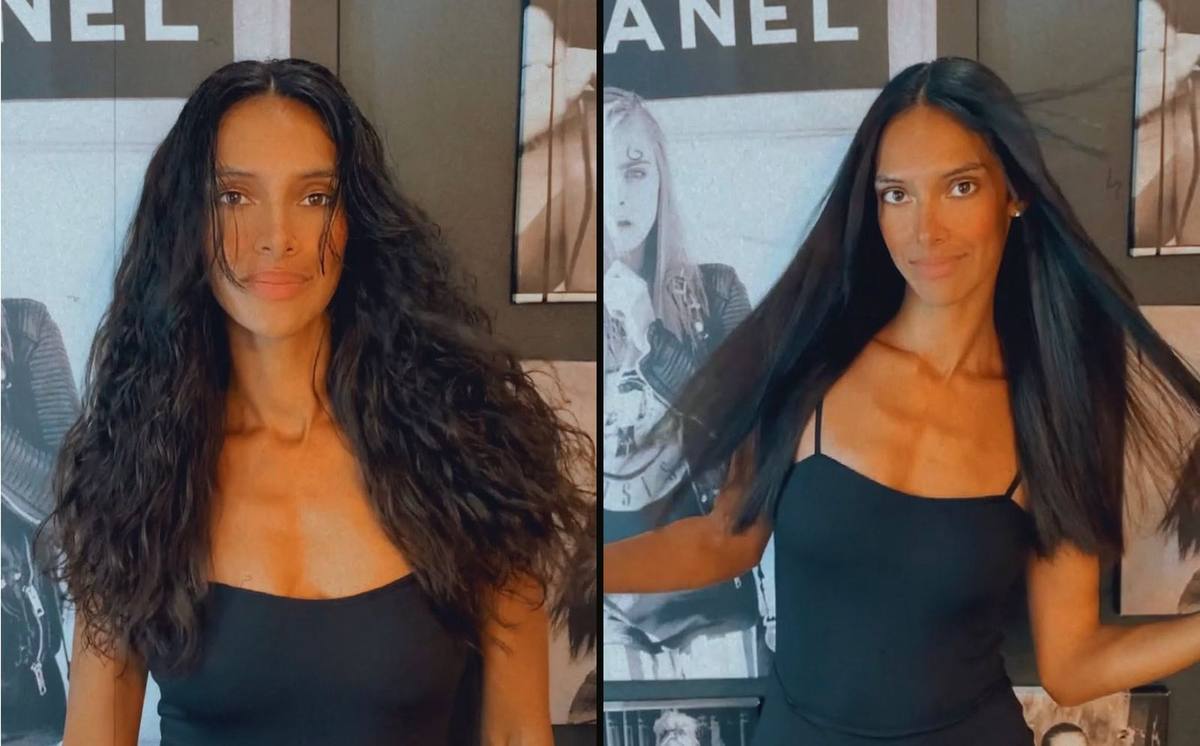 Before and after: long, curly dark hair transformed into sleek, straight, glossy hair